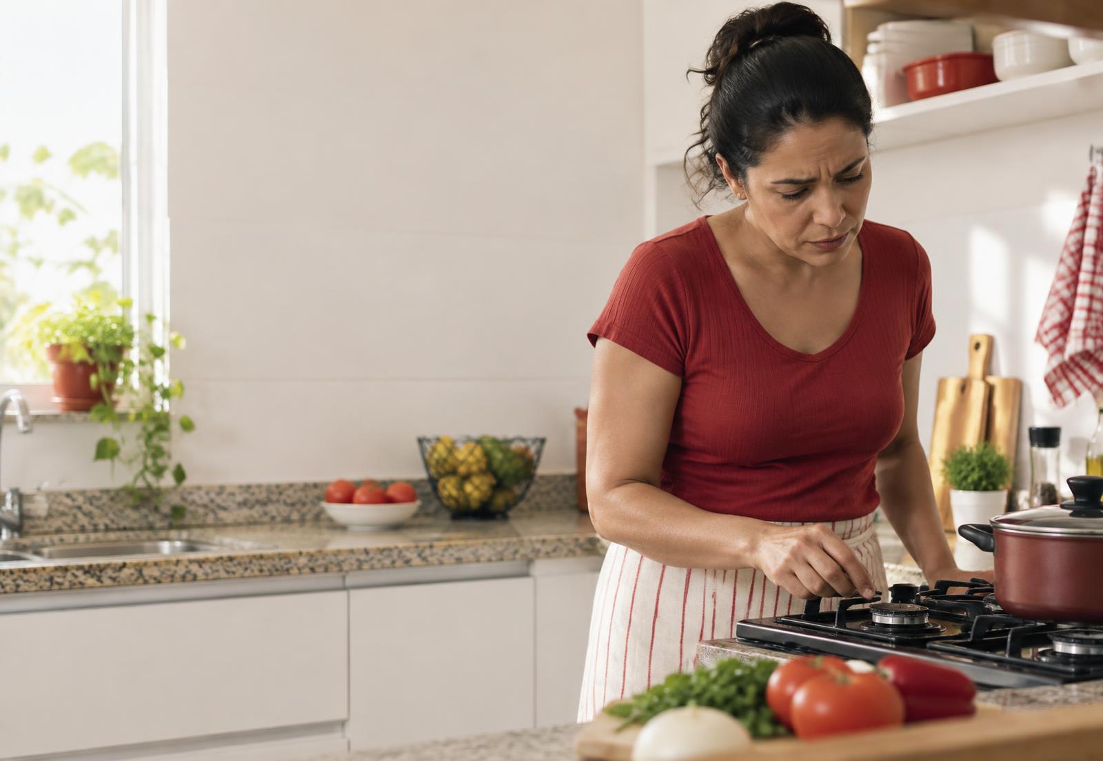 Cliente em uma cozinha brasileira percebendo que o gás acabou